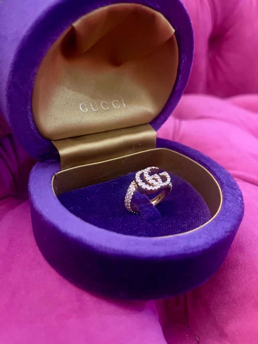 Gucci Gold Crystal Double G Ring with Sparkling Pavé